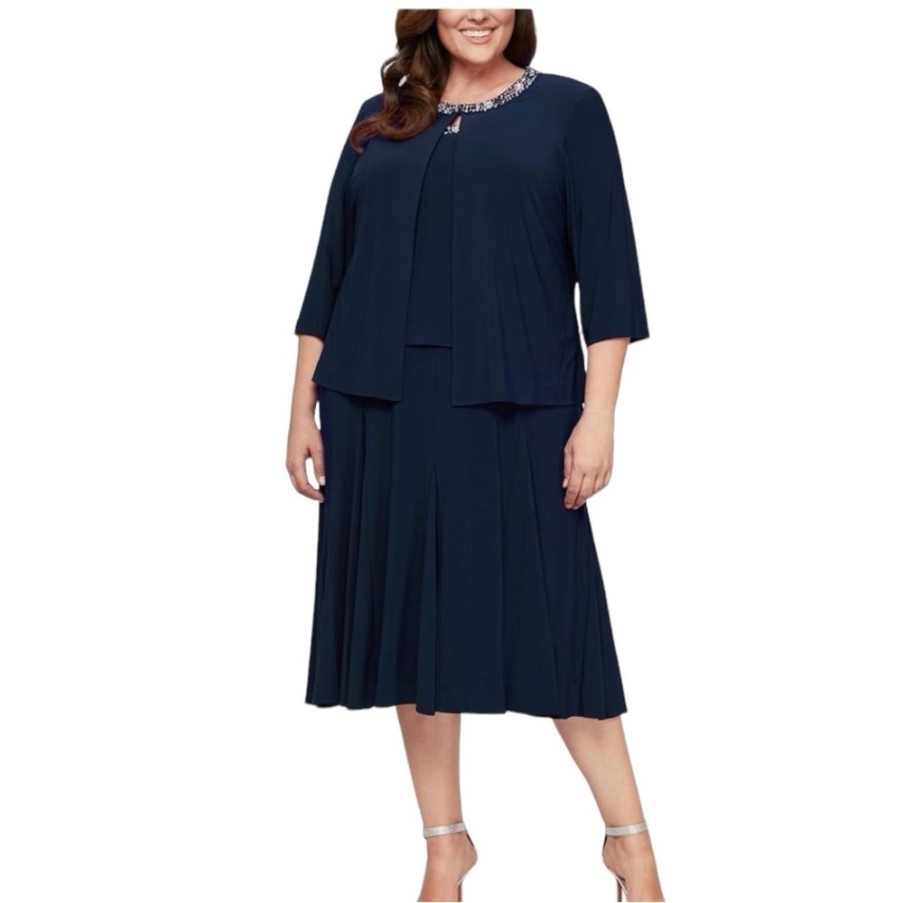 Alex Evenings Women's 2 Piece Tea Length Jacket Dress with Sequin Beaded Trim